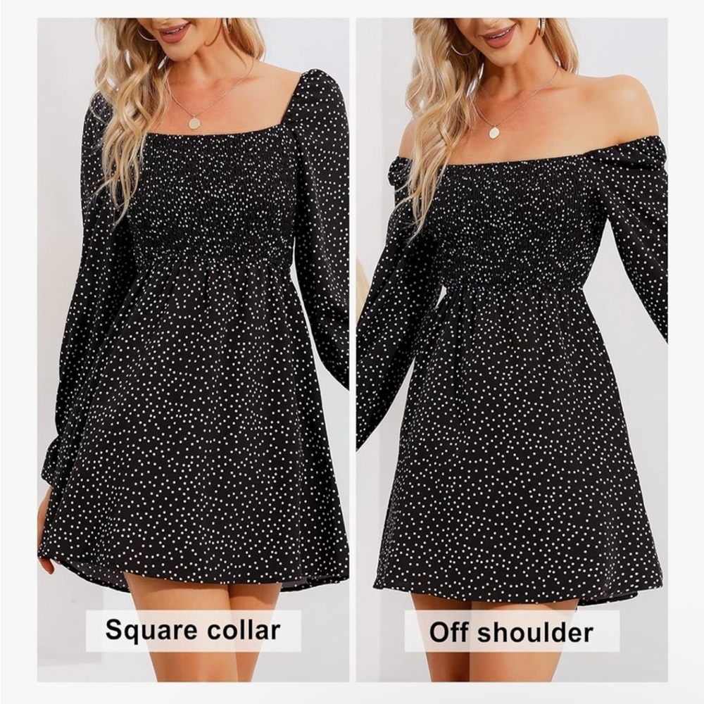 Womens Polka Dot Long Sleeve High Waist Smocked Ruffle Swing Short Dress - L